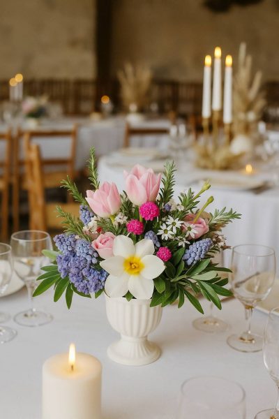 Centre de table fleuri à mariage